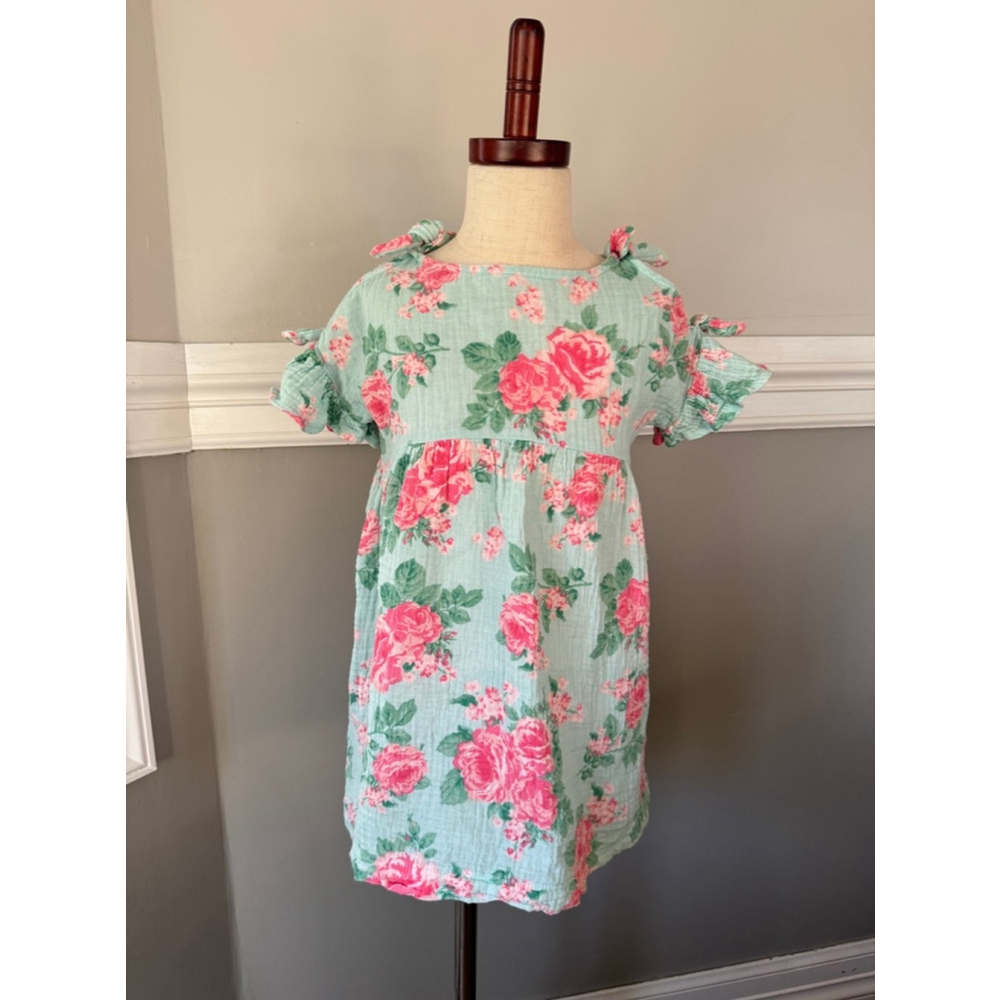 Mud Pie Mint Floral Tie-Shoulder Dress with Pink Roses